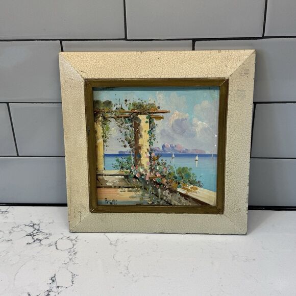 Vintage Enzo Petrilli 6″ Oil Painting on Tile – Italian Seaside Café (Framed) - Picture 11 of 16